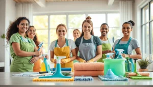 Efficient team performing a cleaning service in a modern home, showcasing professionalism and teamwork.