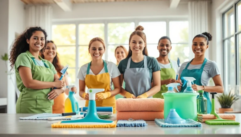 Efficient team performing a cleaning service in a modern home, showcasing professionalism and teamwork.