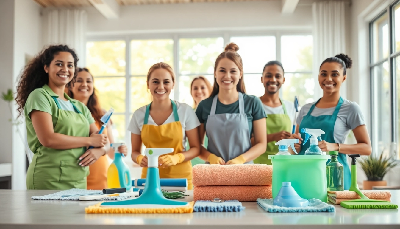 Efficient team performing a cleaning service in a modern home, showcasing professionalism and teamwork.