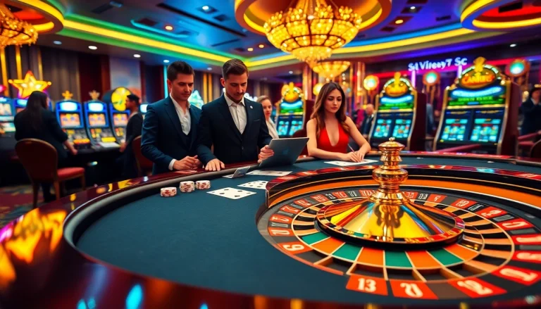 Experience thrilling bets at https://hi88.wedding/ with a vibrant casino scene featuring roulette and poker.