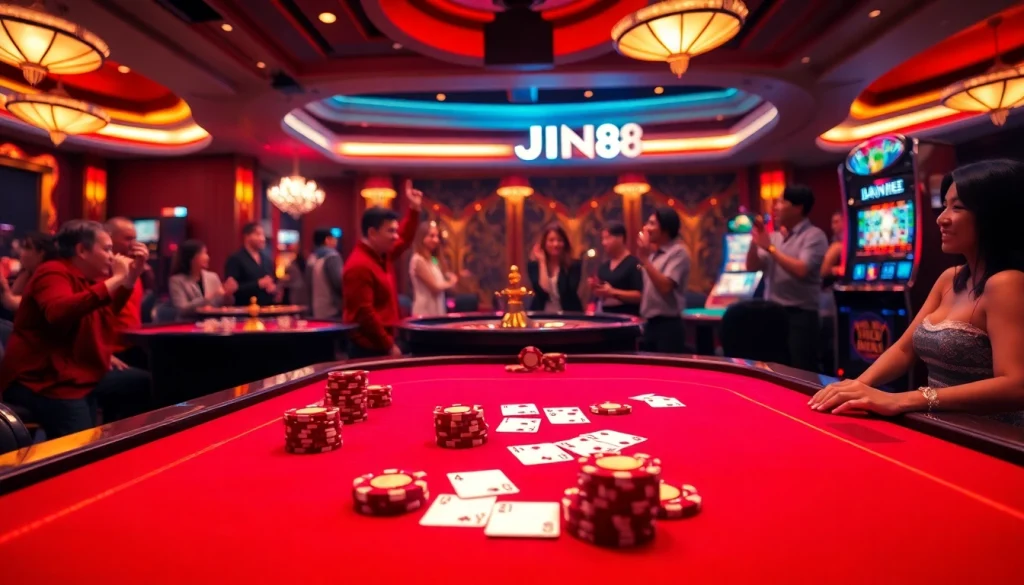 Experience thrilling gameplay at Jun88's luxurious casino tables, surrounded by excitement.