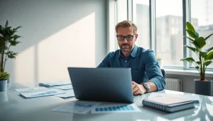 SMSF accountant analyzing financial documents in a modern office.