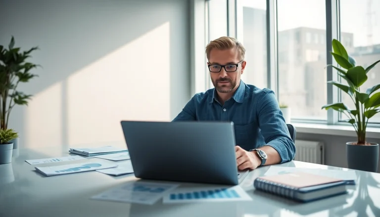 SMSF accountant analyzing financial documents in a modern office.