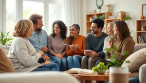 Vahvista https://perhekoti.fi näkymää perhekodin kodikkaasta ympäristöstä, jossa hoitajat ja asukkaat ovat vuorovaikutuksessa.