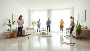 Cleaning service team ensuring a pristine home environment in a beautifully organized living room.