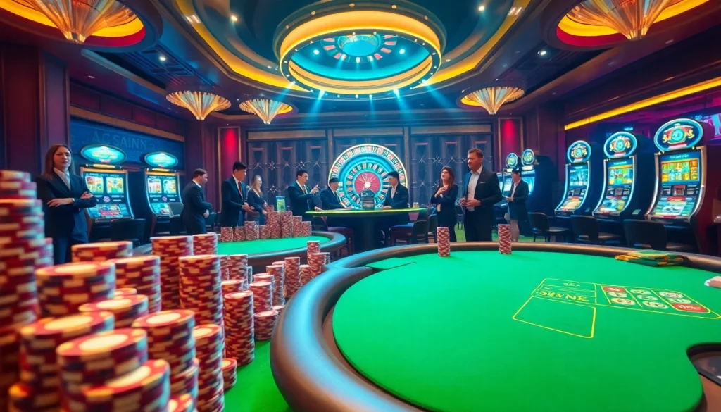 Kuwin casino atmosphere with poker tables, roulette wheels, and slot machines showcasing excitement.