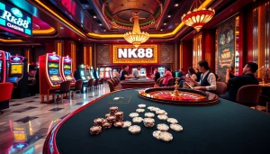 Players enjoy high-stakes games with NK88 branding in a luxurious casino setting.