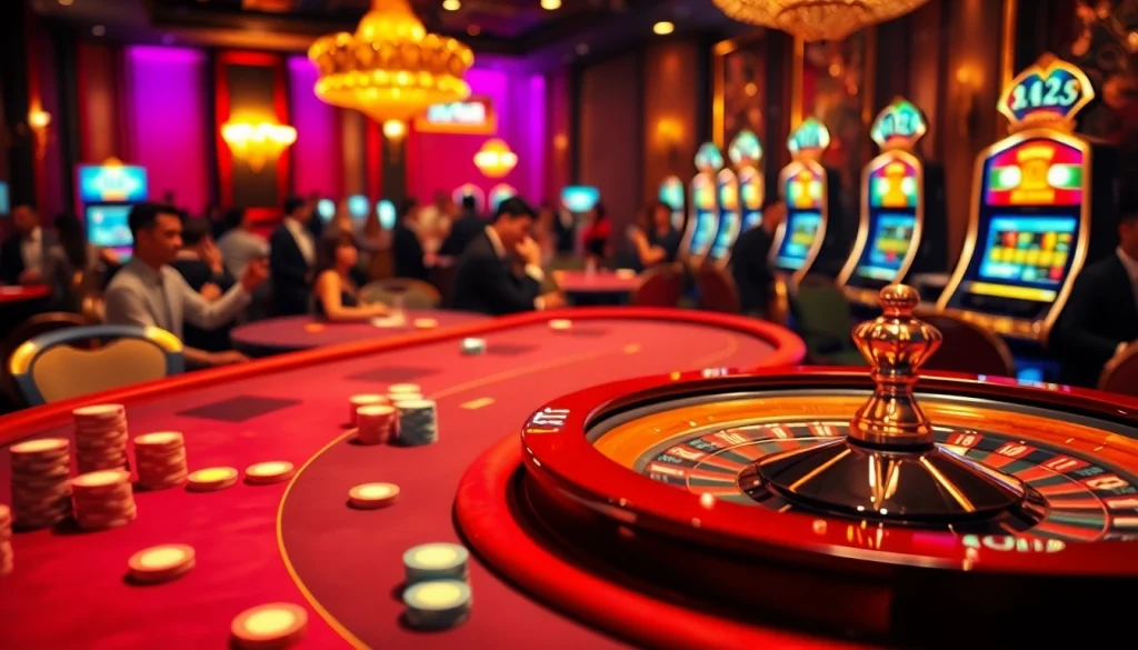 Experience a thrilling gambling atmosphere at https://febet8.com with poker tables and vibrant slot machines.