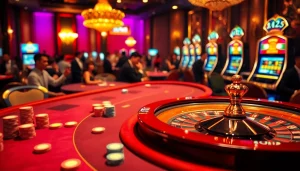Experience a thrilling gambling atmosphere at https://febet8.com with poker tables and vibrant slot machines.