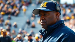 Sherrone Moore coaching during a Michigan football game amidst an energetic stadium atmosphere.