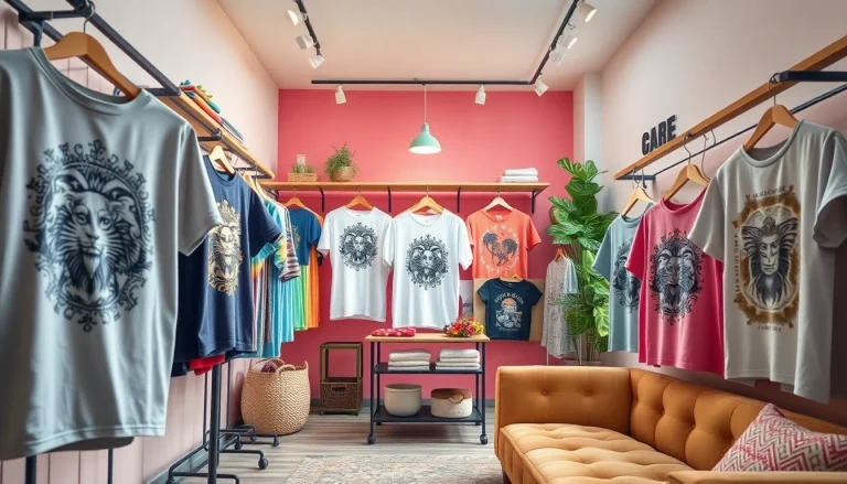 Stilingas marškinėlių su spauda demonstravimas ryškiame mažmeninės prekybos aplinkoje, rodomi unikalūs dizainai.