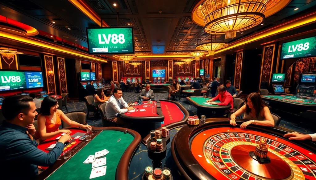 Players engaging in high-stakes games at LV88 casino, showcasing vibrant tables and exciting atmosphere.