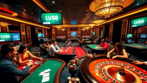 Players engaging in high-stakes games at LV88 casino, showcasing vibrant tables and exciting atmosphere.