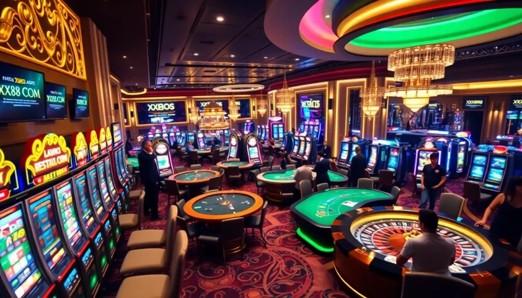 Experience the excitement of XX88 COM at a luxurious casino featuring games and vibrant players.
