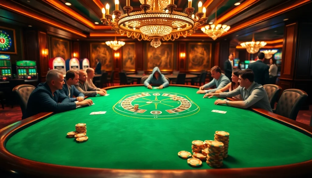 Engage in thrilling poker action at DN88's luxurious casino, showcasing polished chips and elegant décor.