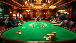 Engage in thrilling poker action at DN88's luxurious casino, showcasing polished chips and elegant décor.