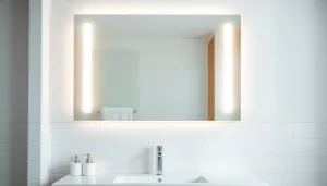 Enhance your space with an elegant bathroom mirror reflecting bright natural light.