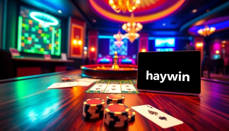 Experience the thrill of haywin with vibrant casino elements like roulette and poker chips.