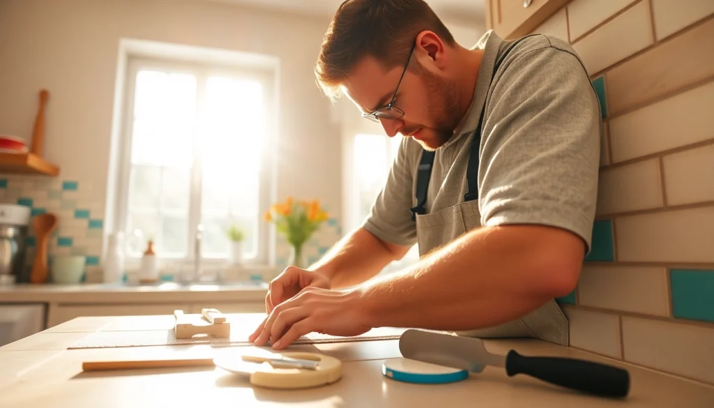 Tile Installater Salem working on a kitchen backsplash, showcasing skilled craftsmanship.