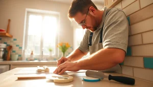 Tile Installater Salem working on a kitchen backsplash, showcasing skilled craftsmanship.
