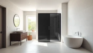 Showcase elegant black shower sliding door in a bright modern bathroom setting.