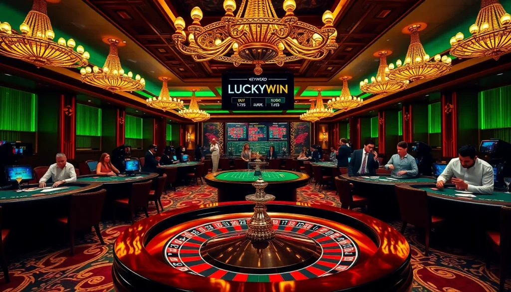 Engaged players at the LUCKYWIN roulette table celebrating wins with vibrant casino decor.