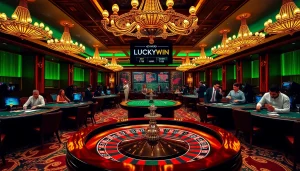 Engaged players at the LUCKYWIN roulette table celebrating wins with vibrant casino decor.