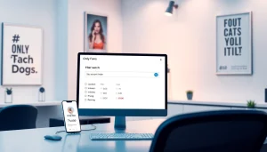 OnlyFans account finder digital interface in a modern tech workspace.