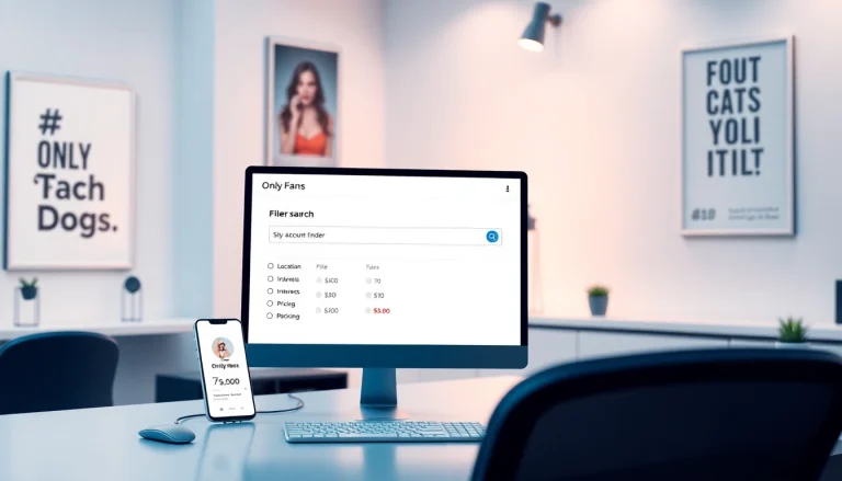 OnlyFans account finder digital interface in a modern tech workspace.