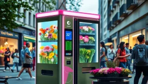 Flower vending machine with fresh arrangements in an urban setting, inviting passersby.