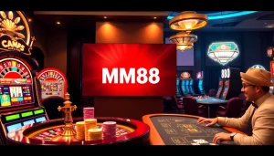 Players enjoying the excitement of MM88 casino with roulette wheels, slot machines, and vibrant poker scenes.