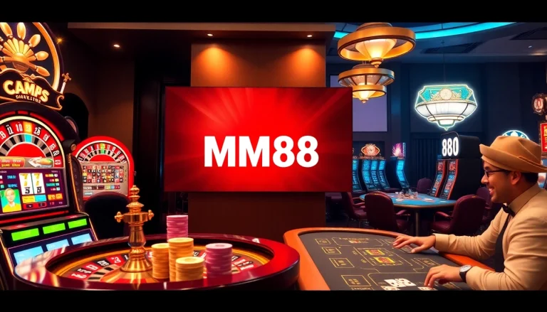 Players enjoying the excitement of MM88 casino with roulette wheels, slot machines, and vibrant poker scenes.