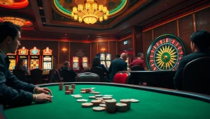 Players strategizing at a b52-themed poker table in a vibrant casino environment.