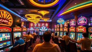 Permainan yang seru pada mesin slot pulsa dengan gulungan berwarna-warni dan suasana kasino yang hidup.