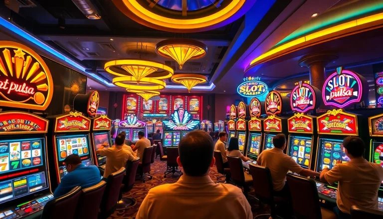 Permainan yang seru pada mesin slot pulsa dengan gulungan berwarna-warni dan suasana kasino yang hidup.