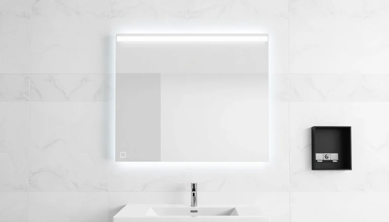 Reflect on beauty with this elegant bathroom mirror with LED light illuminating a stylish vanity.