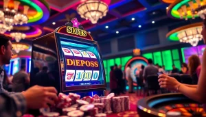 Adegan permainan slot dengan setoran 1000 yang menarik, menampilkan kegembiraan kasino yang hidup dan potensi kemenangan.