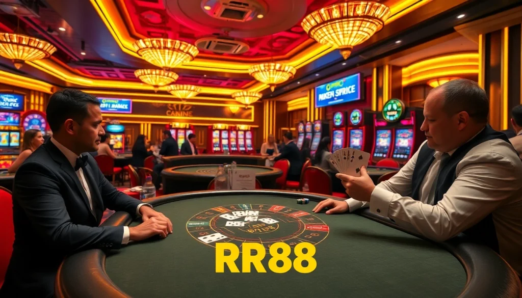 Players enjoying a poker game at the RR88 casino, showcasing luxury and excitement in gambling.