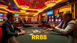 Players enjoying a poker game at the RR88 casino, showcasing luxury and excitement in gambling.
