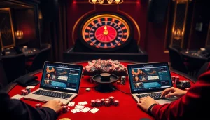 Experience vuabai9 online gambling with a vibrant casino scene featuring tables, chips, and players in action.