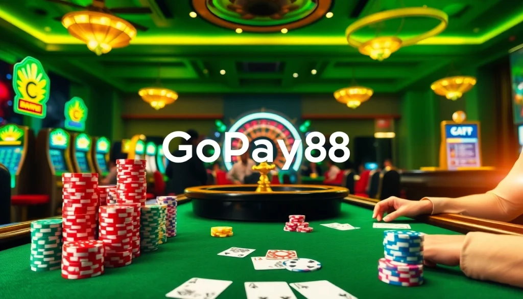 Engaging poker game at a luxurious casino featuring Gopay88 Daftar elements with colorful chips and cards.