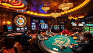 Experience excitement at the trang chủ 789club with gamblers playing card games and using poker chips.