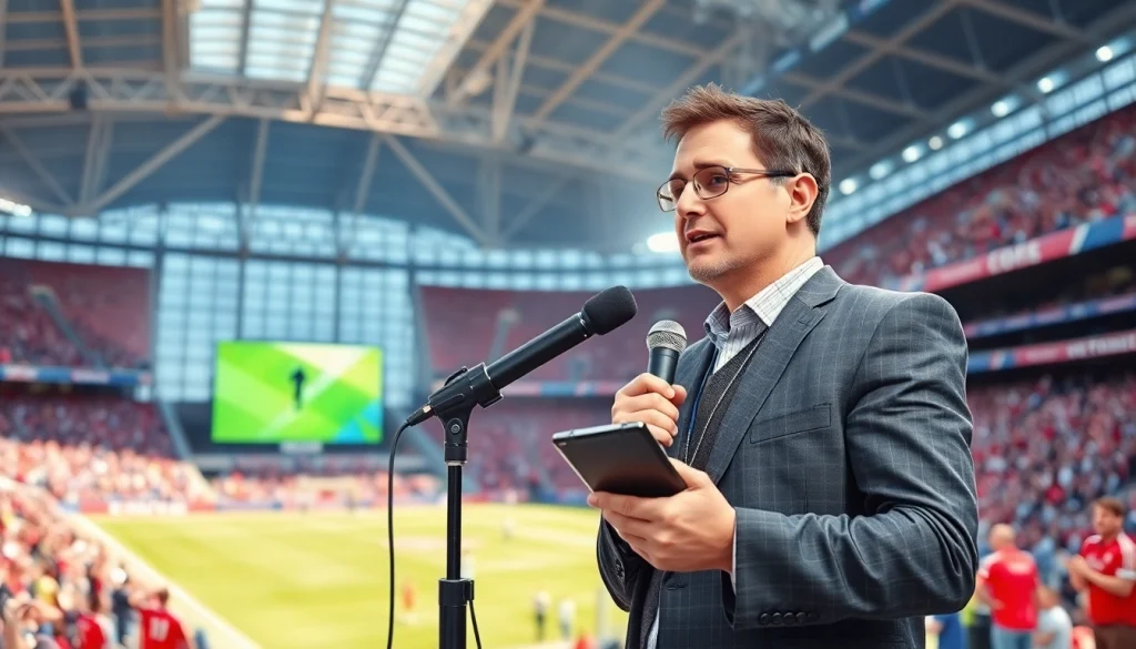 Captivating sports broadcasting moment with a broadcaster reporting live in a bustling stadium atmosphere.