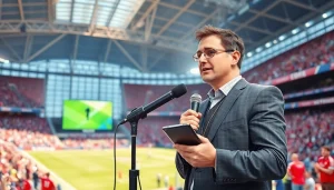 Captivating sports broadcasting moment with a broadcaster reporting live in a bustling stadium atmosphere.