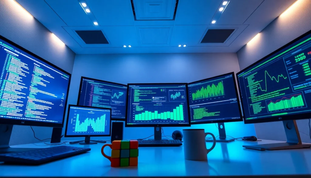 Infosec workspace with cybersecurity analytics and coding displays