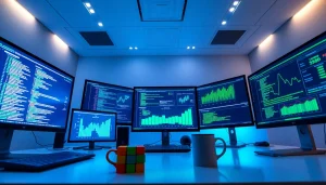 Infosec workspace with cybersecurity analytics and coding displays