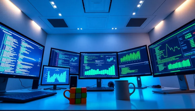 Infosec workspace with cybersecurity analytics and coding displays