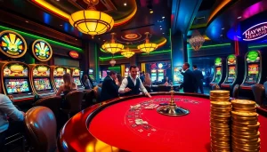 Catch thrilling actions at Haywin's luxurious casino featuring poker tables and roulette wheels.