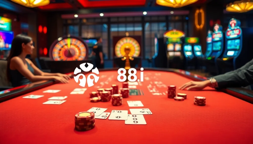 Experience the thrill of 88i’s luxurious casino gaming with poker tables and roulette wheels, inviting vibrant action.