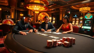 High-stakes poker game featuring GO8-themed chips in a luxurious casino setting.